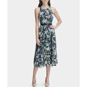 EUC Tommy Hilfiger Navy Blue Spring Floral Halter Midi Dress 14W READ